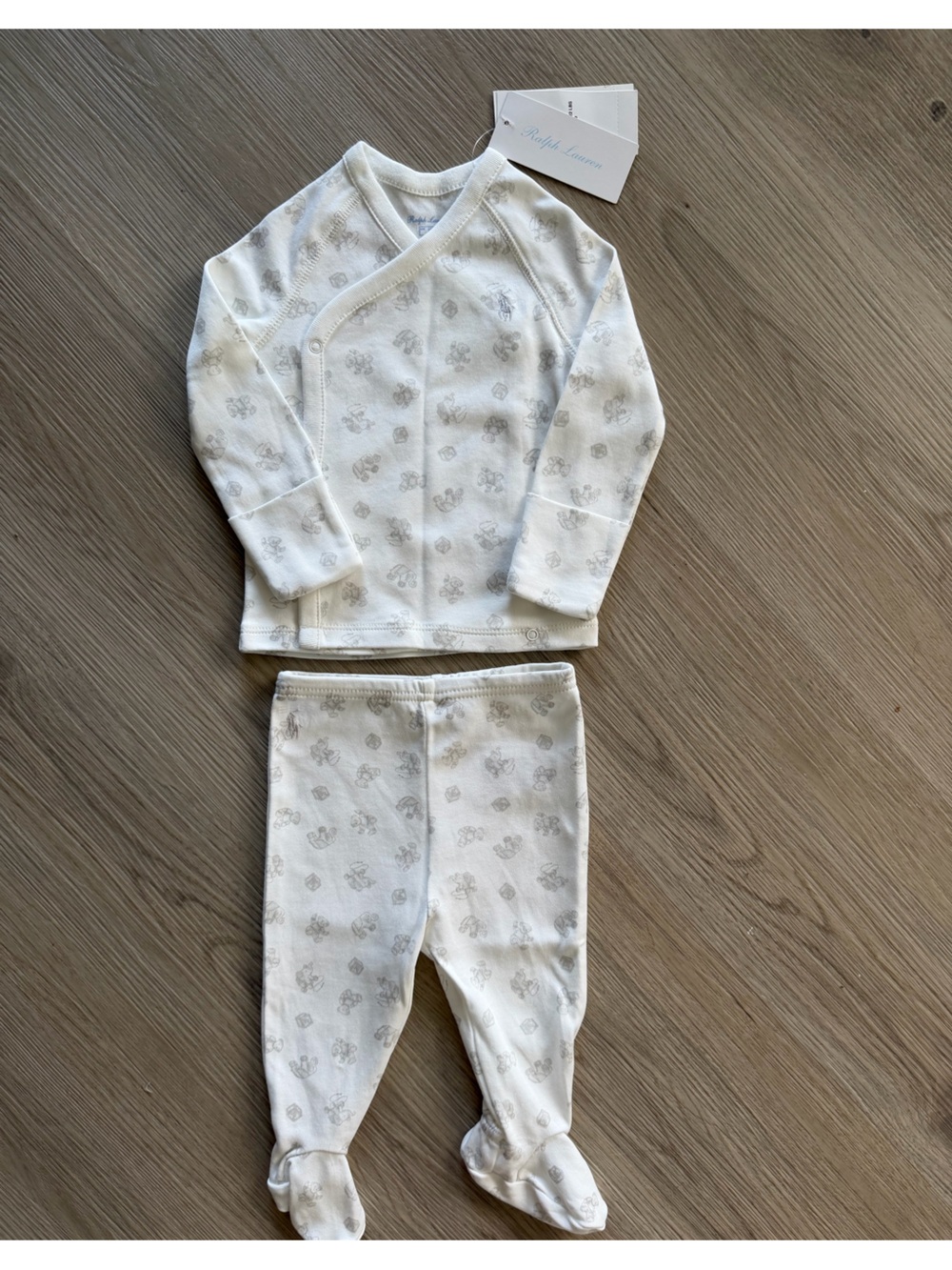 Ralph Lauren White & Light Gray Printed Baby Joggers Set
